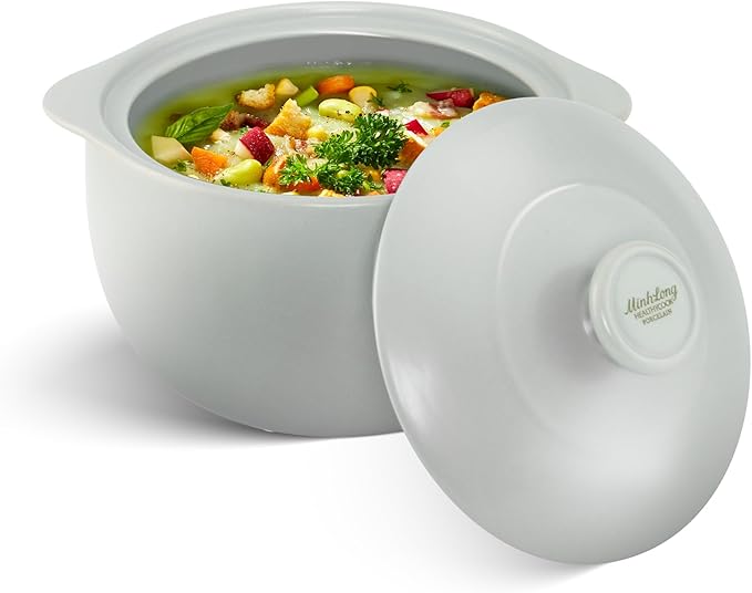 MINH LONG 1-Qt Porcelain Dutch Oven with Lid – Lead & Cadmium Free, Oven Safe to 482°F, Heat Retention, Clay Pot for Cooking on Gas & Infrared Cooktop, Use to Marinate, Cook, Bake, Refrigerate & Serve