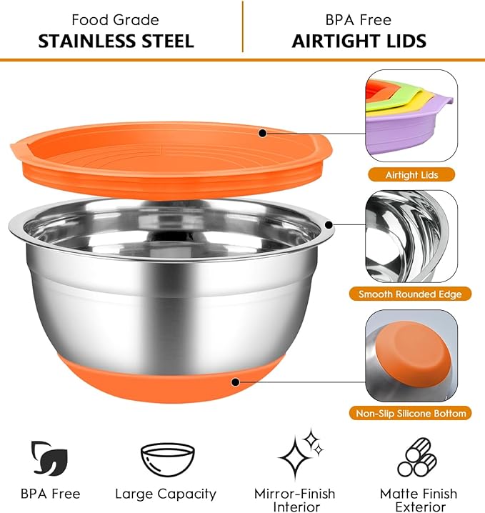 CHAREADA Mixing Bowls with Airtight Lids, 18pcs Stainless Steel Nesting Mixing Bowls Set Non-slip Silicone Bottom, Size 4.5, 3.6, 2.7, 2.1, 1.7, 1.1, 0.7 qt, Fit for Mixing & Serving(Colorful) - Image 2