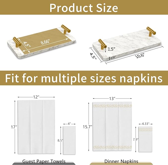 STWWO Napkin Holder for Bathroom, Guest Towel Holder Tray for Bathroom, Marble Guest Napkin Holders with Golden T-Handle, Disposable Hand Towel Tray for Guest Room, Table, Kitchen