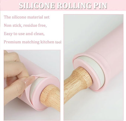 Silicone Rolling Pin for Baking,15inch Pastry Dough Roller with Wooden Handle Non Stick Surface Rolling Pin for Dough Fondant Cookie Pastry Tapered Dumpling Baking Supplies (pink)
