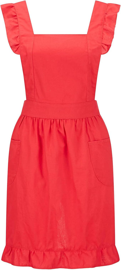 Hyzrz Retro Adjustable Ruffle Aprons with Pockets for Women Girls Vintage Cross Back Pinafore Dress Maid Costume Apron