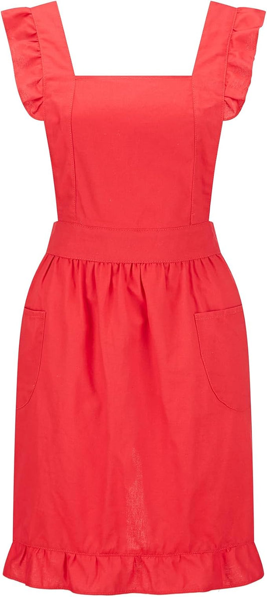 Hyzrz Retro Adjustable Ruffle Aprons with Pockets for Women Girls Vintage Cross Back Pinafore Dress Maid Costume Apron