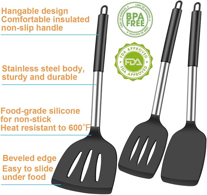 KLAQQED 3Pcs Silicone Spatula Set Heat Resistant Spatulas for Nonstick Cookware Fish Turner Plastic Spatulas Rubber Wok Spatula, Long Large Spatula Silicone Cooking Use Kitchen Utensils Set - Image 2