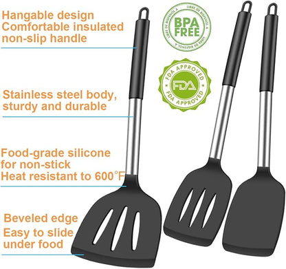 KLAQQED 3Pcs Silicone Spatula Set Heat Resistant Spatulas for Nonstick Cookware Fish Turner Plastic Spatulas Rubber Wok Spatula, Long Large Spatula Silicone Cooking Use Kitchen Utensils Set - Image 2