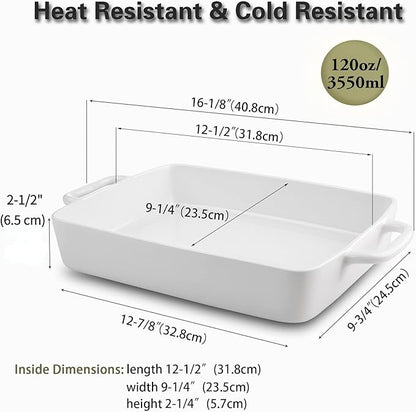 9 x13 Baking Dish Ceramic Lasagna Pan for Oven, Large Bakeware Tray Rectangular Casserole Dishes with Double Handle for Cooking and Daily Use -White