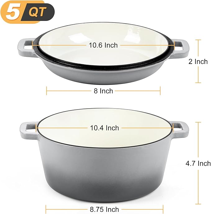 P&P CHEF 5Qt Dutch Oven Pot for Bread Baking (Gray), 2 In 1 Round Cast Iron Dutch Oven with Lid Set, Skillet & Pot for Roasting Braising Stewing Frying Simmering, Multi Stoves & Oven Safe - Image 2