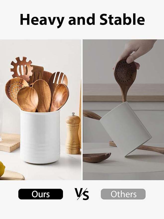 ABRUTY Utensil Holder, 6.7" Ceramic Kitchen Utensil Crock for Countertop Cooking, Modern Utensil Caddy Jar Organizer for Farmhouse Kitchen Counter Decor (White) - Image 6