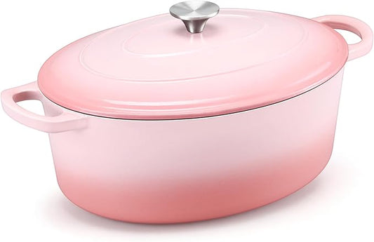 E-far 7QT Oval Dutch Oven Pot with Lid, Enameled Cast Iron Dutch Oven with Dual Handles, Heavy-Duty Cookware for Sourdough Bread Baking, Braising, Stews, Oven Safe & Easy Clean, Pink