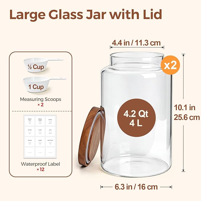 ComSaf 2Pcs (4.2Qt) Wide-Mouth Flour Sugar Storage Containers - Include Scoops & Labels, Easy to Scoop & Airtight, Large Glass Jar for Bakers to Store Bulk Flour, Rice, and Dry Goods in Kitchen Pantry - Image 2