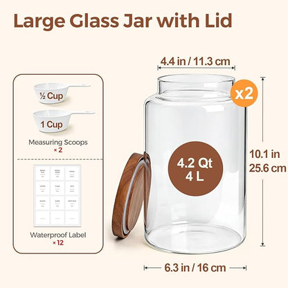 ComSaf 2Pcs (4.2Qt) Wide-Mouth Flour Sugar Storage Containers - Include Scoops & Labels, Easy to Scoop & Airtight, Large Glass Jar for Bakers to Store Bulk Flour, Rice, and Dry Goods in Kitchen Pantry - Image 2