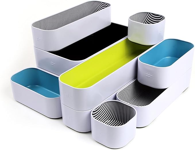 Three by Three Seattle 10 Piece Metal Organizer Tray Set for Storing Makeup, Stationery, Utensils, and More in Office Desk, Kitchen and Bathroom Drawers (2 Inch, Assorted Colors, Stripes) - Image 2