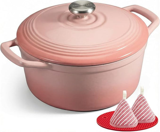 Overmont Enameled Cast Iron Dutch Oven - 5.5QT Pot with Wide Handles Lid Cookbook & Cotton Potholders - Heavy-Duty Pre-Seasoned Cookware Oven Safe to 500°F for Braising, Stews, Roasting, Sourdough Baking by Overmont