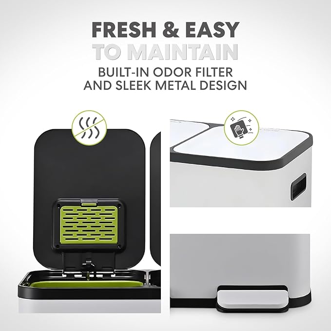 Simpli-Magic 60 Liter / 16 Gallon Rectangular Hands-Free Dual Compartment Recycling Kitchen Step Trash Can with Soft-Close Single Lid, Stainless Steel (30L x 30L Capacity) White - Image 5