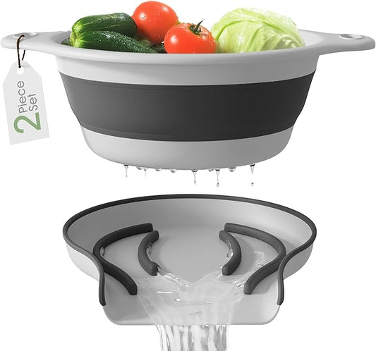 Gevoli Collapsible Colander Strainer, Includes Over-sink Countertop Draining Base (5QT) Large Kitchen Drainer for Vegetables Fruit and Pasta, Round Foldable Draining Basket, Easy Storage (White) by Gevoli