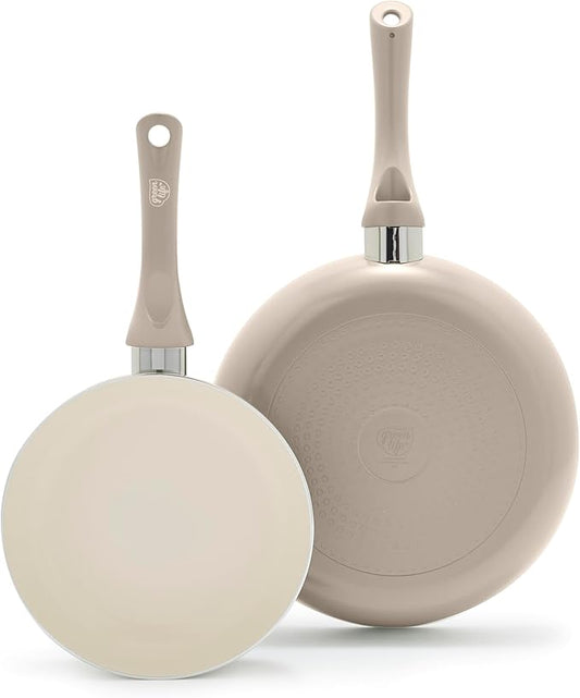 GreenLife 2-Piece Nonstick Frying Pan Set, 8” & 10” Skillets, Non-Toxic Ceramic Cookware, Dishwasher Safe, Stay-Cool Handles, Induction Ready, Fast Heating, Omelet Pan, PFAS Free, Beige Taupe