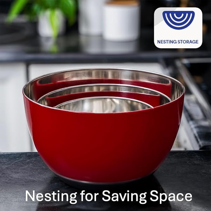 WHYSKO® Stainless Steel Mixing Bowls (Set of 3) with Non-Slip Silicone Base for Kitchen, Dishwasher Safe Bowls for Meal Prep, Cooking, Baking, Serving, Food Storage (Red) - Image 4