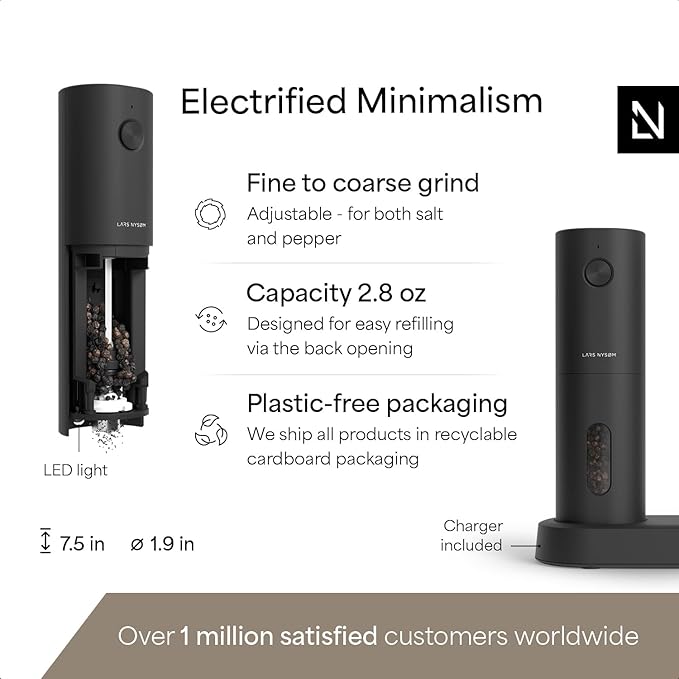 LARS NYSØM Electric Salt and Pepper Grinder Set, USB Rechargeable, Automatic Salt and Pepper Mills, Spice Shakers Refillable with LED Light, Adjustable Coarseness, Ceramic Grinder (Carbon Black) - Image 4