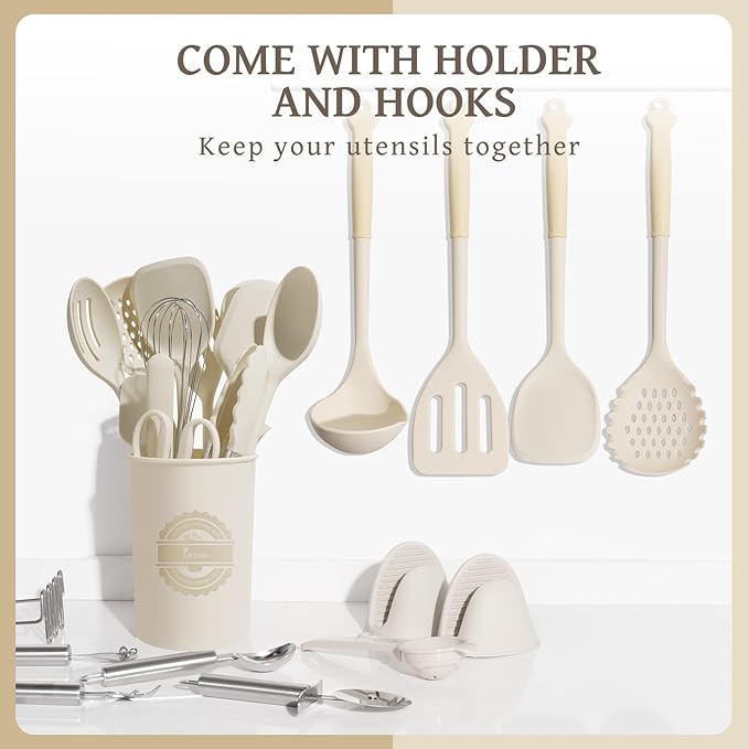 Kikcoin 43Pcs Large Kitchen Utensils Set - Silicone Cooking Utensils Set, Dishwasher Safe Spatula Set for Non-stick Cookware, 446°F Heat Resistant Kitchen Utensils Set with Holder BPA Free, Cream - Image 7