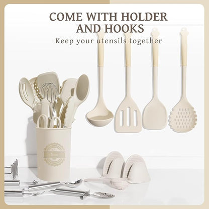 Kikcoin 43Pcs Large Kitchen Utensils Set - Silicone Cooking Utensils Set, Dishwasher Safe Spatula Set for Non-stick Cookware, 446°F Heat Resistant Kitchen Utensils Set with Holder BPA Free, Cream - Image 7