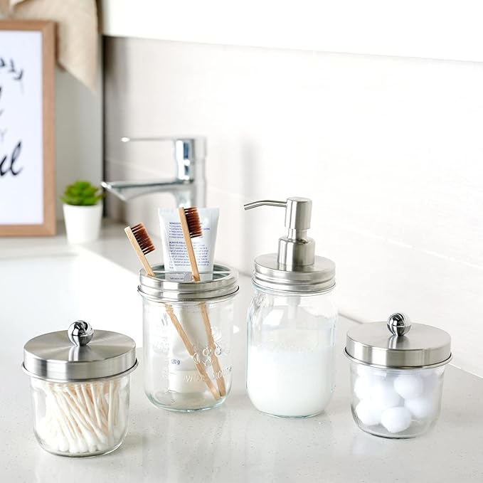 Amolliar Mason Jar Liquid Soap Dispenser Lid, Stainless Steel Pump for 16oz Regular Mouth Jar, Rustic Farmhouse Decor, Kitchen Hand Soap, Dish, Lotion Soap, Brushed Nickel 4 Pack, Extra 2 Long Tubes