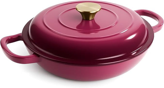 3 Quart Enameled Cast Iron Braiser, Non Stick Enameled Cast Iron Skillet with Lid, Dutch Oven Skillet with lid up to 500°F for Oven, Stove, Grill, Shallow Dutch Oven for Cook, Bake (Rose)