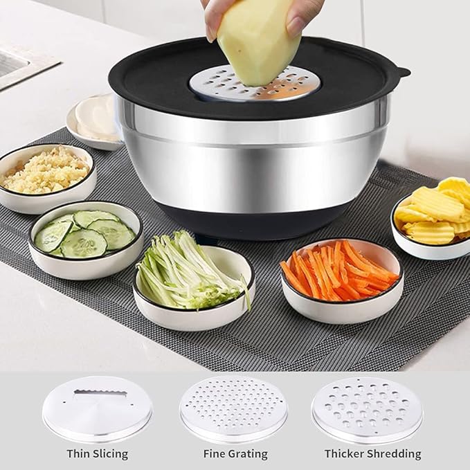 Rottay Mixing Bowls Set with Airtight Lids, 20PCS Stainless Steel, Nesting Bowls with 3 Grater Attachments & Non-Slip Bottoms, Size7, 4, 3, 2, 1.5, 1QT Bowls for Baking&Prepping - Image 2