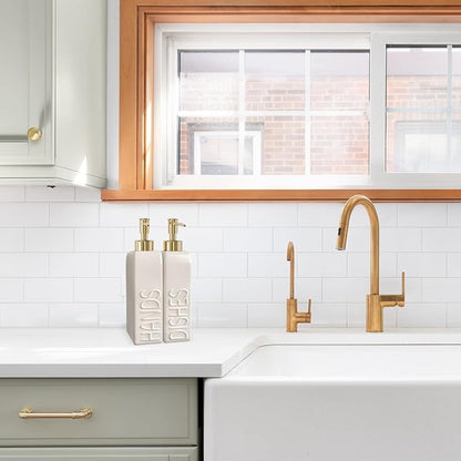 Soap Dispenser Set with Gold Stainless Steel Pump and a Funnel, 2 Pack Modern Ceramic Refillable Hand and Dish Soap Dispenser for Kitchen, Bathroom, Matte White - Image 4