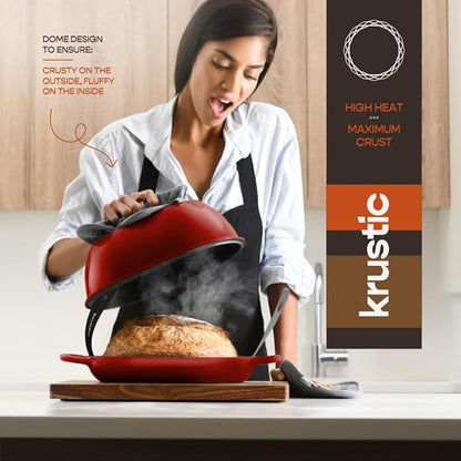 Krustic Enameled Cast Iron Dutch Oven for Professional Sourdough Bread Baking | 5.5 Quart Loaf Size Oval Cookware Pot with Lid | Triple-Layer Enamel Coating Pan with Non Stick Silicone Mat |Red