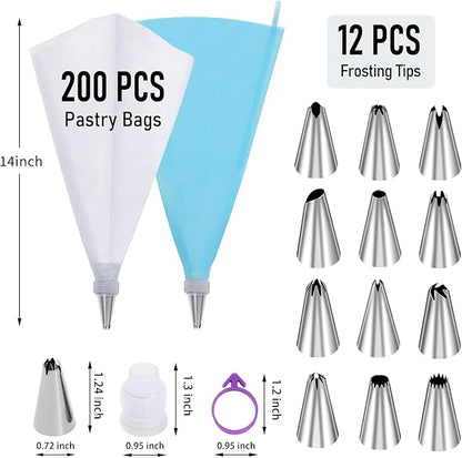200Pcs Piping Bags and Tips Set, 12 Inch Pastry Bags, Cakes Decorating Kit Supplies, Icing Bags Disposable with 1 Reusable Piping Bags, 12 Frosting Tips, 2 Couplers, 2 Bag Ties - Image 2