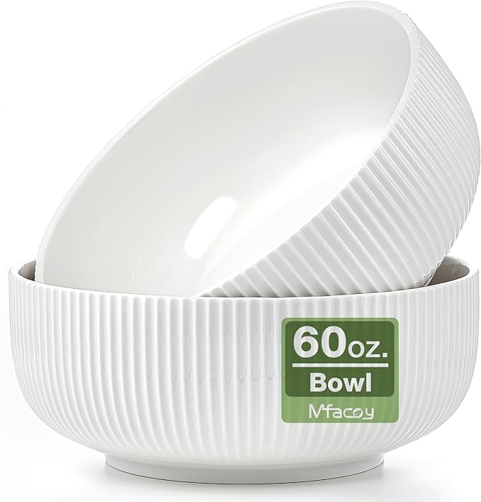 Mfacoy 2 Pack Salad Bowl, 8 inch 60 oz Large Serving Bowl Set, Deep Bowl for Kitchen, White Ceramic Bowl Set for Soup, Cereal, Ramen, Pasta, Salad, Dishwasher & Microwave Safe, Easy Clean by Mfacoyisalifestylebrand