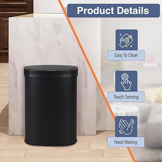 PayLessHere | 13 Gallon Stainless Steel Trash Can | Black | Automatic Touchless Lid with Motion Sensor | Kitchen Garbage Can with Waterproof Design | for Home, Office, Bathroom | Pack of 1 - Image 3