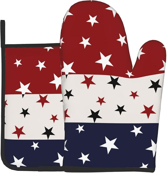 Red White and Blue Oven Mitts and Pot Holders Sets Patriotic American Flag StripedKitchen Mitts 4th of July Hot Pads for Cooking BBQ Baking Grilling by DZGlobal