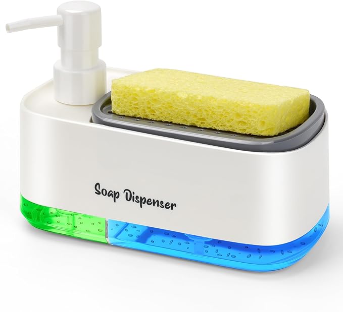Hand and Dish Soap Dispenser Set for Kitchen, Dual Soap Dispenser with Sponge Holder, 3-in-1 Countertop Soap Pump Dispenser for Kitchen Sink, Useful Kitchen Gadgets - White by Bestseek