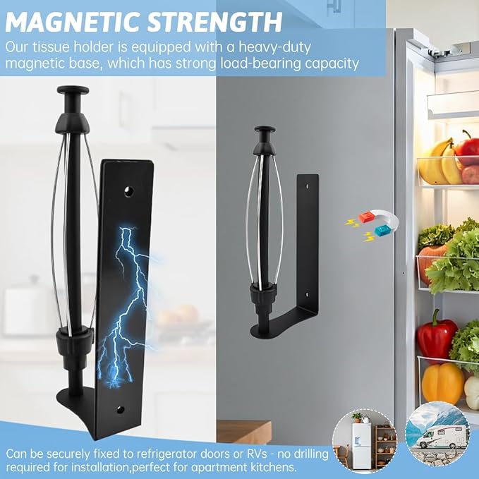 Magnetic Paper Towel Holder with Adjustable Damping - One Hand Tear, No Drill Adhesive Mount, Strong Magnet for Kitchen, Fridge, RV, Garage, Grill (Color:Black)