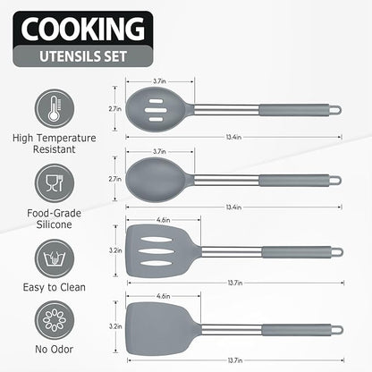 Pack of 4 Large Silicone Cooking Spatulas and Spoons, Slotted and Solid Stainless Steel Cooking Utensils Set, Non-stick Heat Resistant Kitchen for Baking, Fried, Stir-Fry, Mixing, Serving (Grey) - Image 2