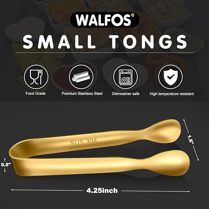 Walfos Small Gold Tongs For Serving,Food Grade Stainless Steel 4" Mini Tongs Appetizers for Parties Catering, Sugar，Desserts，Tea Party, Coffee Bar, Set of 12 （Gold） - Image 5