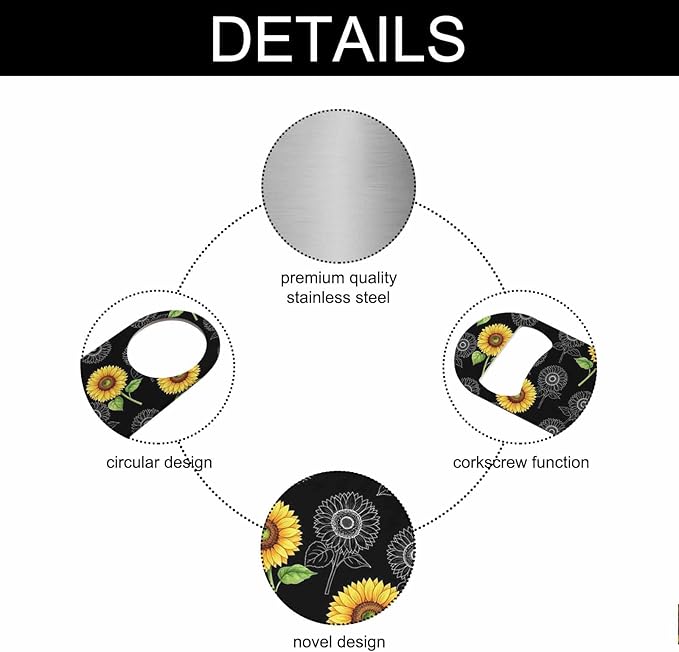 Sunflowers Stainless Steel Bottle Opener Vibrant Yellow Watercolor Flower Vintage Style Floral Black Flat Beer Bottle Opener Keychain for Home Kitchen Bar Restaurant Party Birthday Gift