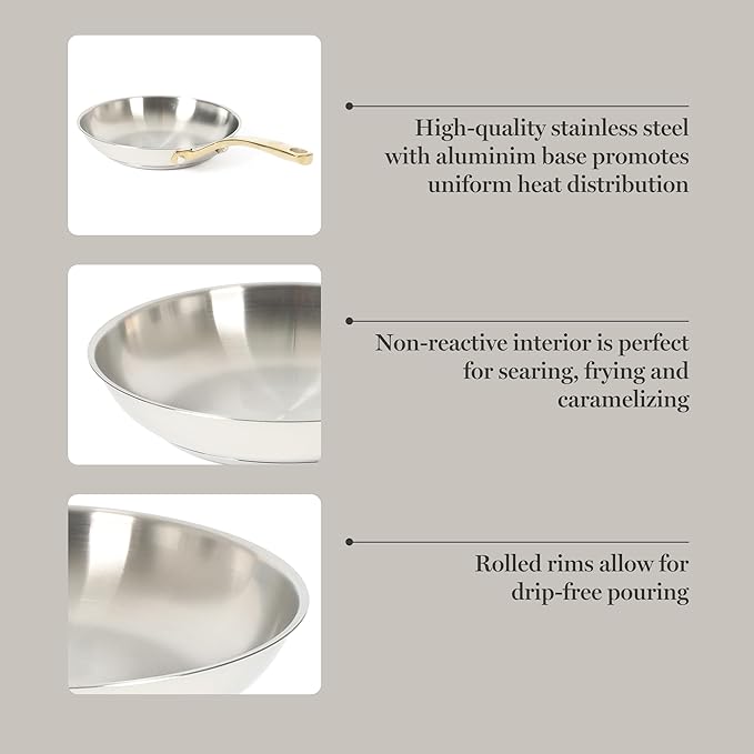 Martha Stewart Castelle 8-Inch Stainless Steel Frying Pan with Gold-Tone Handle – Tri-Ply Encapsulated Bottom, Oven Safe & Induction Safe Skillet for Searing and Sautéing - Image 4