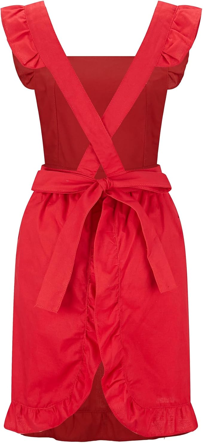 Hyzrz Retro Adjustable Ruffle Aprons with Pockets for Women Girls Vintage Cross Back Pinafore Dress Maid Costume Apron