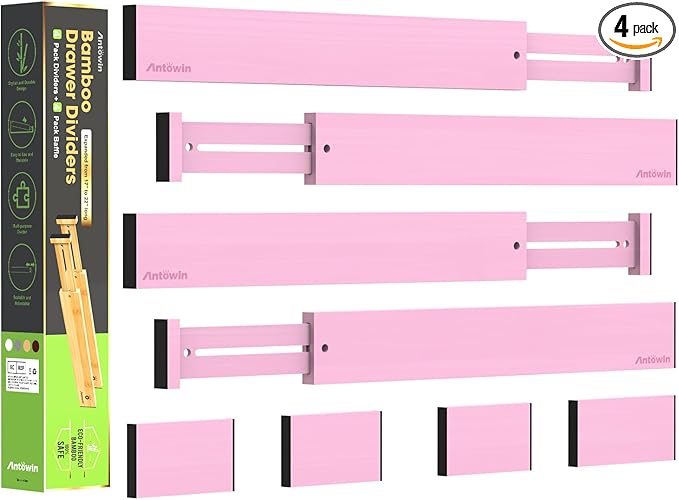 ANTOWIN Expandable Bamboo Drawer Dividers Organizers, Drawer Separators Splitter, 17-22 inches Long Adjustable Spring-loaded Organizer for Large Utensil, Clothes, Tools(Pink) by ANTOWIN