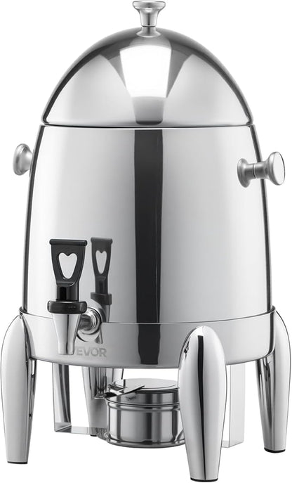 VEVOR Stainless Steel Beverage Dispenser, 2.7 Gallon Drink Dispenser with Alcohol Burner, Hot & Cold Drink Dispensers for Coffee Tea Hot Water, with Spigot Ice Tube, for Restaurants, Hotels, Parties