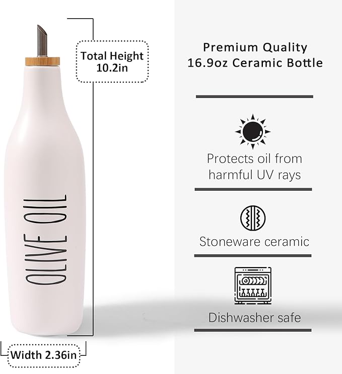 HOMCDALY Olive Oil and Vinegar Dispenser Set, 16oz Ceramic Oil Dispenser for Kitchen, Kitchen Dispenser Bottle for EVOO Vinegar Syrups, Modern Farmhouse Design | Set of 2 – P-White - Image 3