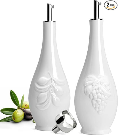 HOMBENE Porcelain Oil and Vinegar Dispenser Set, 16 oz Olive Oil Dispenser Bottle for Kitchen, Ceramic Cooking Oil Container, Oil Cruet w/Funnel, Dripless Spout, 480ml, 2 Pack