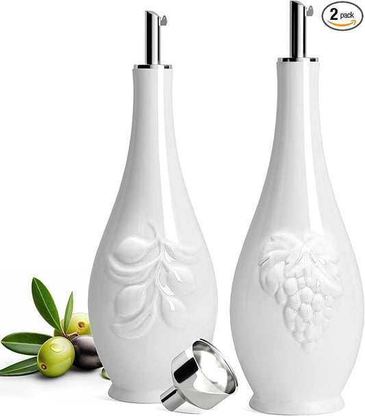 HOMBENE Porcelain Oil and Vinegar Dispenser Set, 16 oz Olive Oil Dispenser Bottle for Kitchen, Ceramic Cooking Oil Container, Oil Cruet w/Funnel, Dripless Spout, 480ml, 2 Pack
