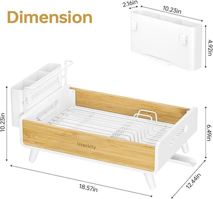 Urackify Dish Drying Rack for Kitchen Counter - Stainless Steel & Bamboo Dish Rack with Large Removable Utensil Holder, Dish Drainer with Adjustable Automatic Spout, White - Image 8