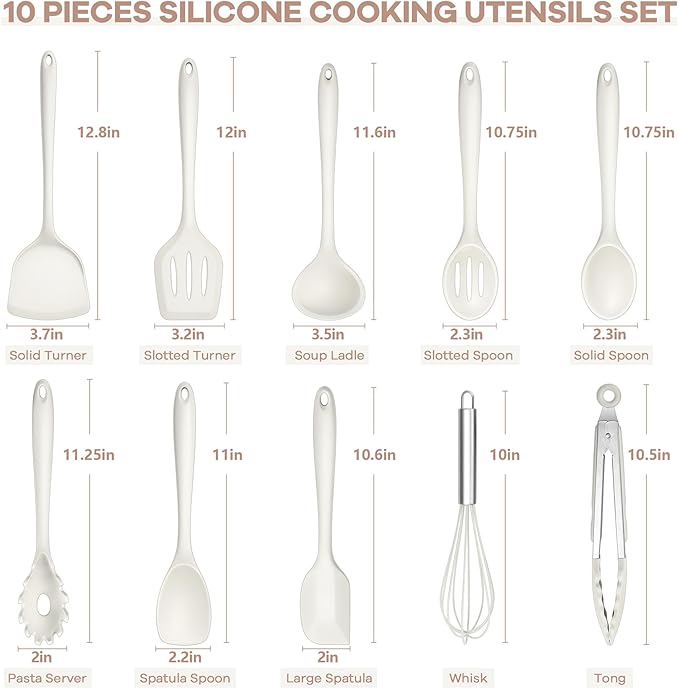 TeamFar Kitchen Cooking Utensils, 10 pcs Silicone Cooking Utensils Set, 446°F Heat Resistant Kitchen Gadgets Tools Set w/Spatula, Turners, Spoons, Soup Ladle, Pasta Server for Nonstick Cookware, White - Image 2