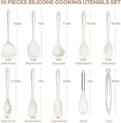 TeamFar Kitchen Cooking Utensils, 10 pcs Silicone Cooking Utensils Set, 446°F Heat Resistant Kitchen Gadgets Tools Set w/Spatula, Turners, Spoons, Soup Ladle, Pasta Server for Nonstick Cookware, White - Image 2