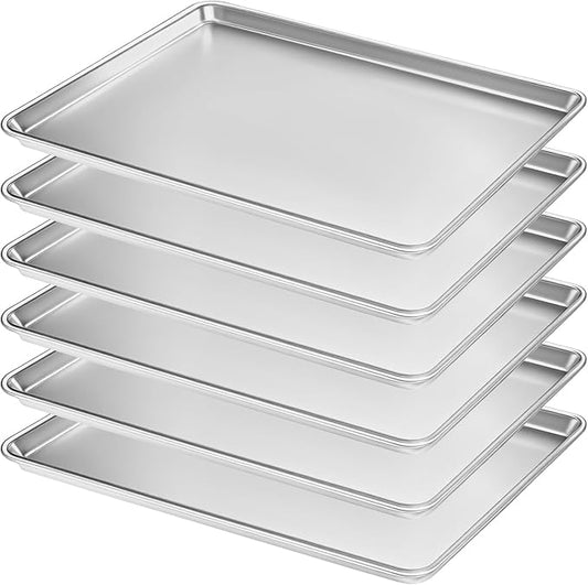 Full Size Commercial Quality Baking Sheet Pan, Bastwe Aluminum Cookie Tray Pan for Oven, Freezer, Bakery, Hotel Restaurant, Thick Steel Rim Prevents Warping (6 Pack, 26 x 18 Inch) by BASTWE