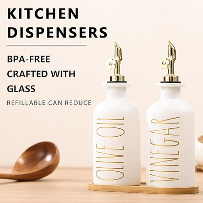 HOMCDALY Premium Olive Oil Dispenser for Kitchen, 11.8oz Glass Oil Bottles with Bamboo Tray, White and Gold Oil&Vinegar Cruet Set, Kitchen Dispenser Bottles with Pourer| Set of 2 (11.8oz –P–Gold) - Image 2