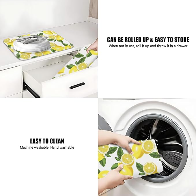 Dish Drying Mat for Kitchen Counter 2 Pack with Non-Slip Rubber Backing - Heat-Resistant Absorbent Coffee Bar Mat, Dish Rack Mat, Lemon Dish Drying Mats 18x24+19.5x12 inch